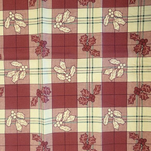 Cotton Fabric Holly Leaves Berries Red Cream Plaid Christmas Print 18x44" CPW - Picture 1 of 10